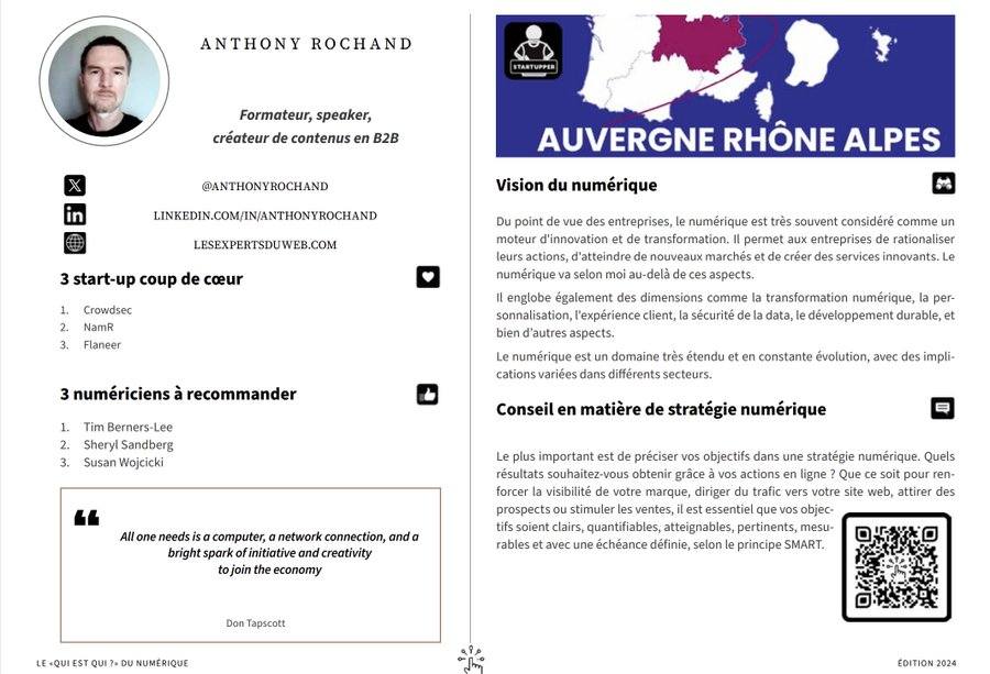 Profil d'anthony Rochand personnalité numérique avec en titre : Formateur, speaker, créateur de contenus en B2B. Et détail en dessous de - Ses 3 startup coups de coeur (Crowdsec, Namr, Flaneer) - 3 numériciens à recommander : (Tim Berners-Lee, Sheryl Sandberg, Susan Wojcicki). Le reste met en avant une vision du numérique axée sur l'innovation et la transformation ainsi que des conseils. Le conseil majeur consiste à bien définir ses objectifs en termes de stratégie numérique