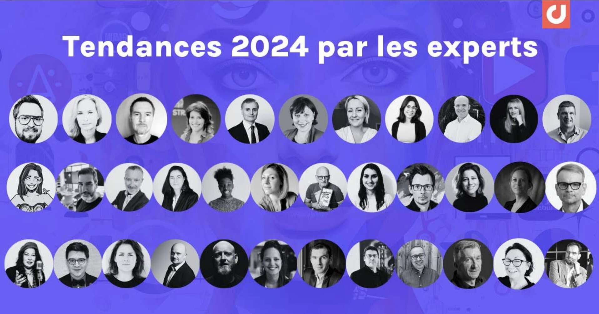 Image illustrant les visages de tous les contributeurs du guide marketing digital et social media et les tendances 2024, sur fond violet.